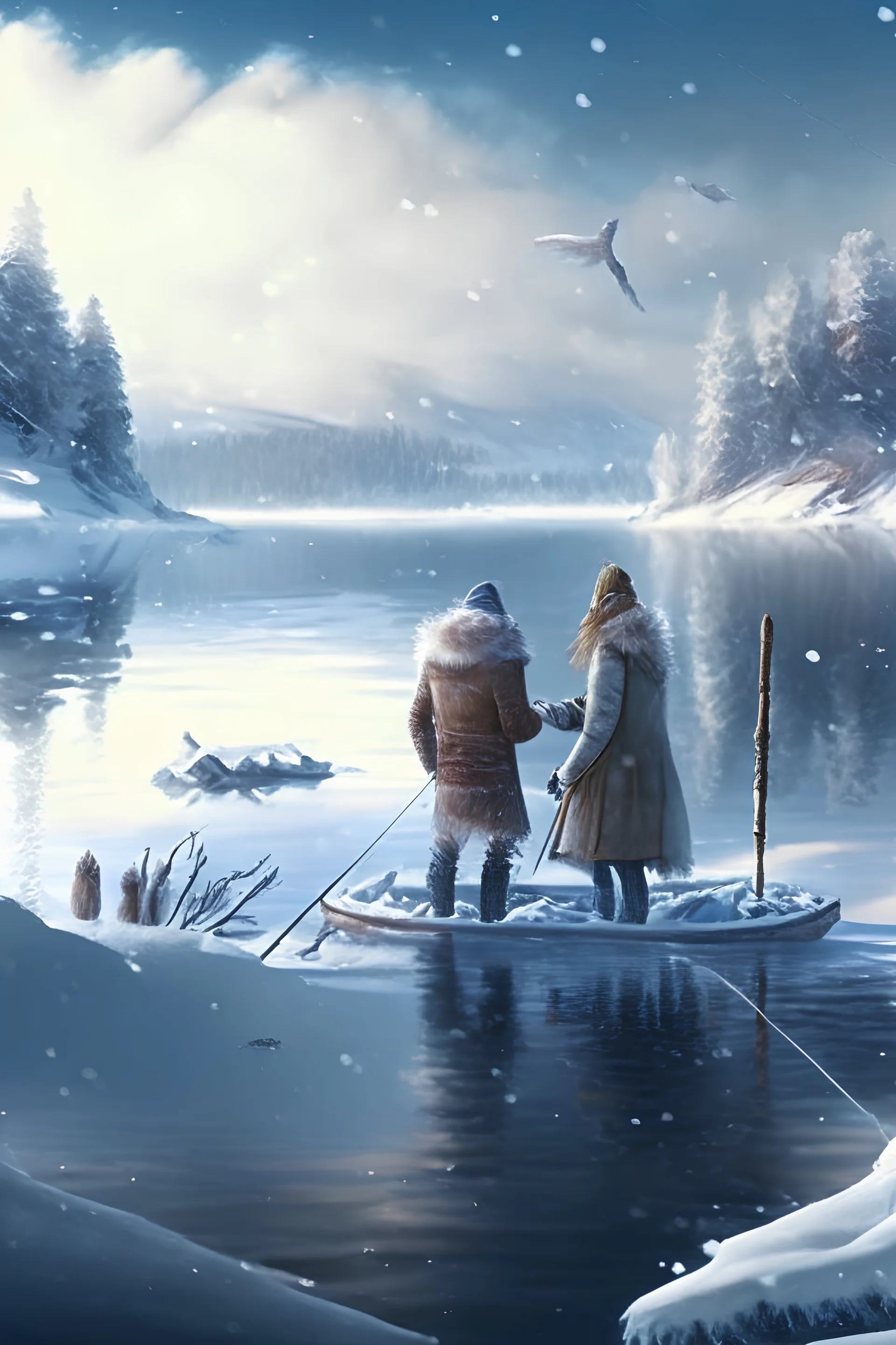 winter, fluffy snow, beautiful, frozen lake, attractive man and woman are fishing, fantasy world, 4k