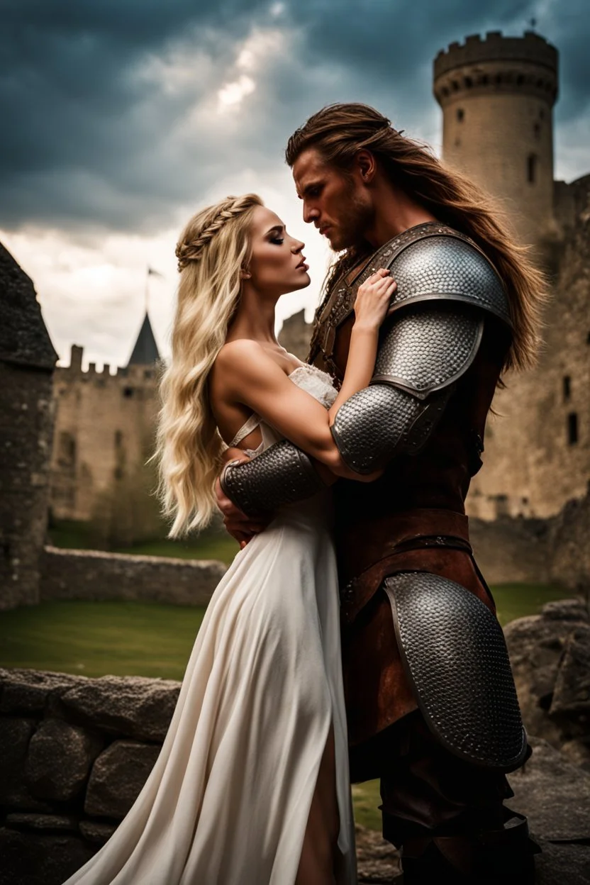 A photo realistic portrait of a stunning blonde girl and muscular long haired viking in a lovers embrace standing in front of a medieval castle