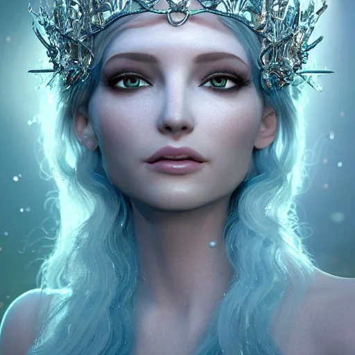 portrait of the most incredible, stunning, beautiful ice queen goddess, intricate crystal ice crown, iridescent gown, 8k resolution, high-quality, fine-detail, elaborate, digital art, detailed matte, volumetric lighting, beautiful, illustration, 3D octane render, brian froud, howard lyon, selina french, anna dittmann, annie stokes, lisa parker, greg rutowski,