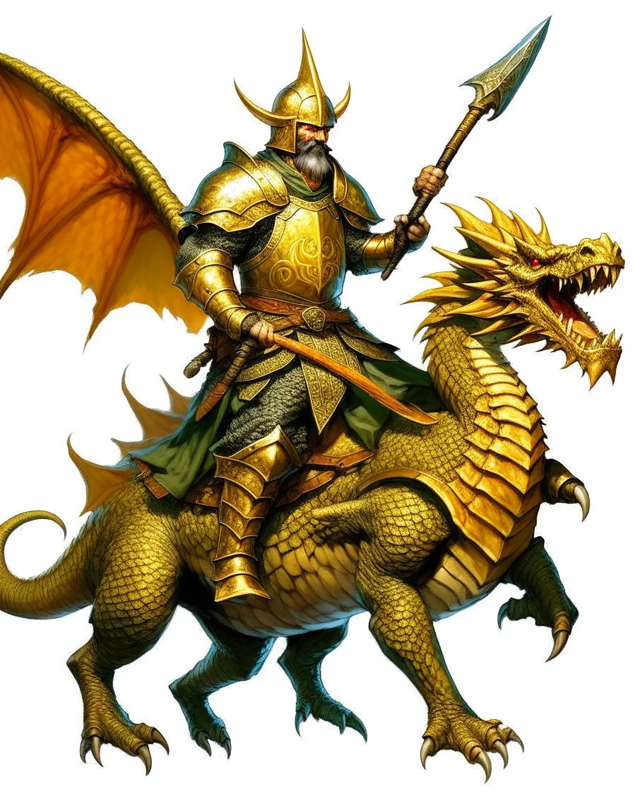 Iranian super soldier with his golden helmet and flaming spears riding a dragon