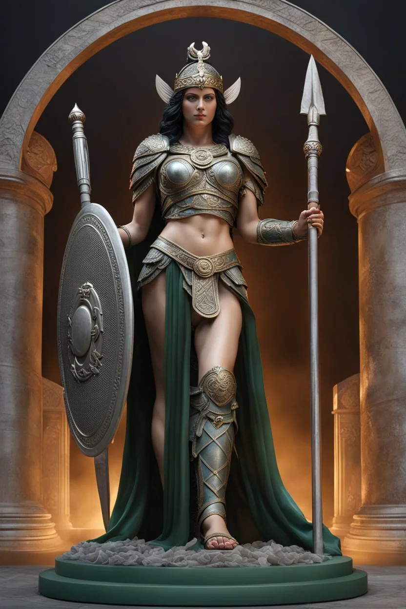 highly detailed marble and jade roman statue on a plint of a 18 year old goddess of love and war in chain mail and carrying a spear and holding a round shield in front of her. sandals. full body shot, invisible gloves, , volumetric fog, Hyperrealism, breathtaking, ultra realistic, unreal engine, ultra detailed, cyber background, Hyperrealism, cinematic lighting, highly detailed, breathtaking, stunning temple environment