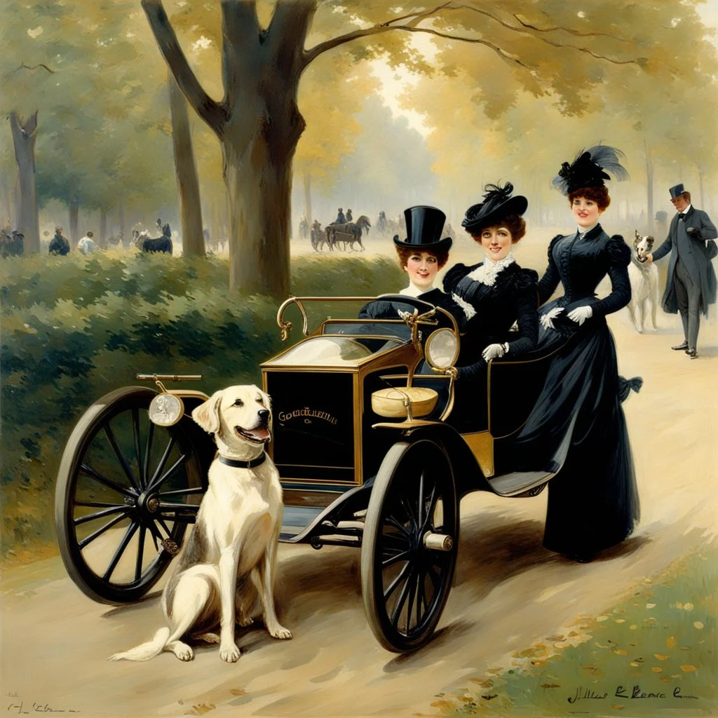 The Goldsmith Ladies in the Bois de Boulogne in 1897 on a Peugeot car, Julius LeBlanc Stewart, smile, dog