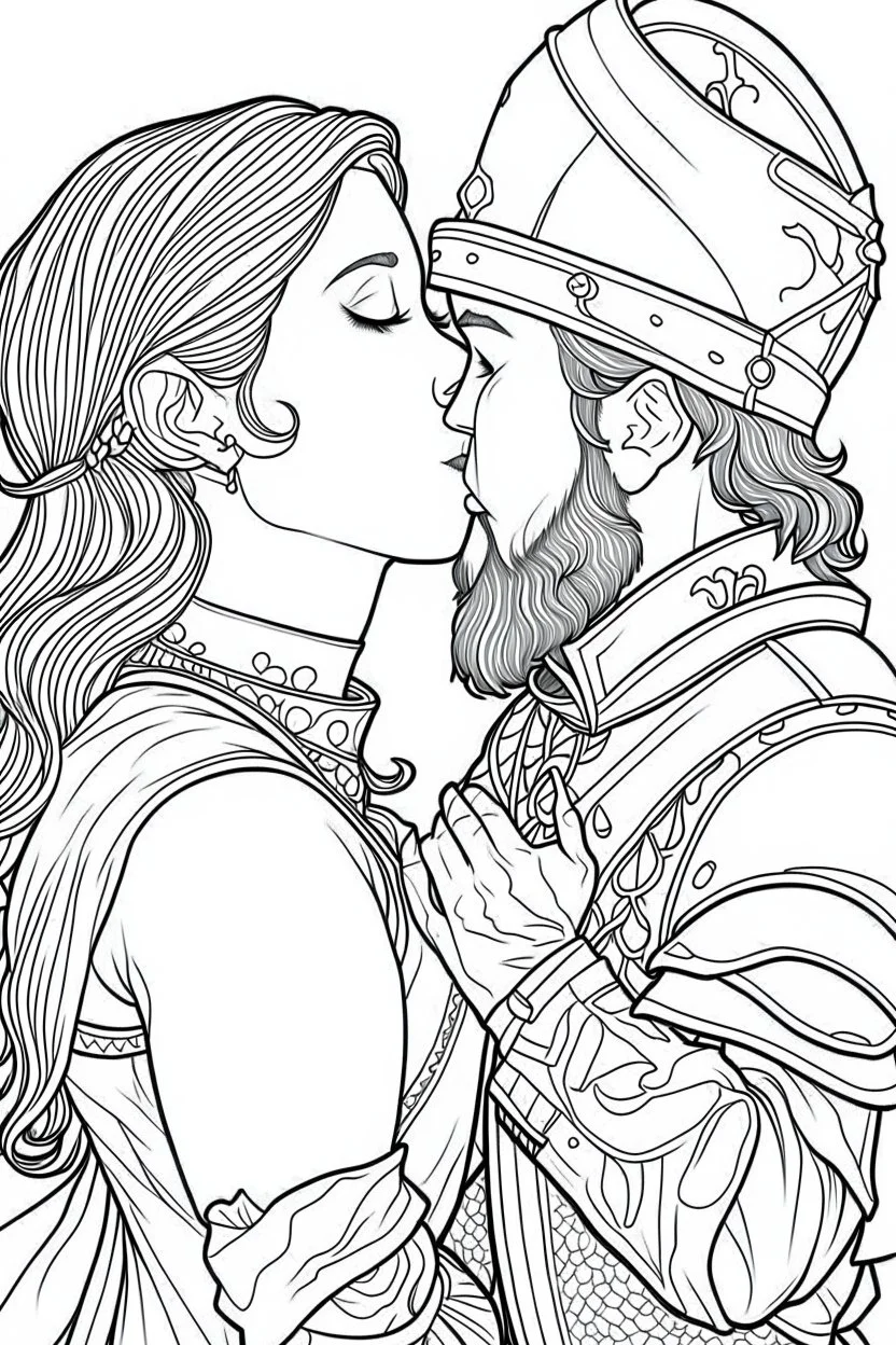 Fantasy coloring page, minimal detail. HD. Woman kissing a male knight with a beard. No background detail.