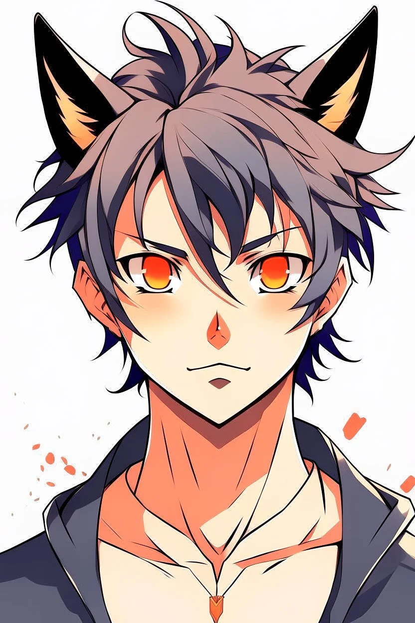 A young adult male anime realistic with one black cat ears, one orange cat ear, black and orange messy hair