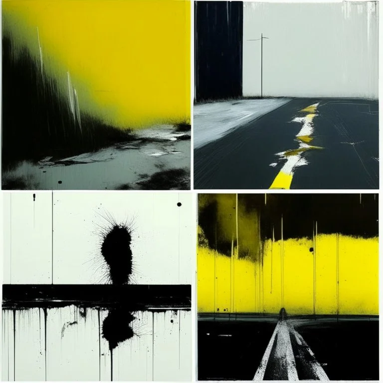 Minimal abstract oil paintings desolate 1960s carpark concrete fragments style of Justin Mortimer and Francis Bacon. Yellow road markings.