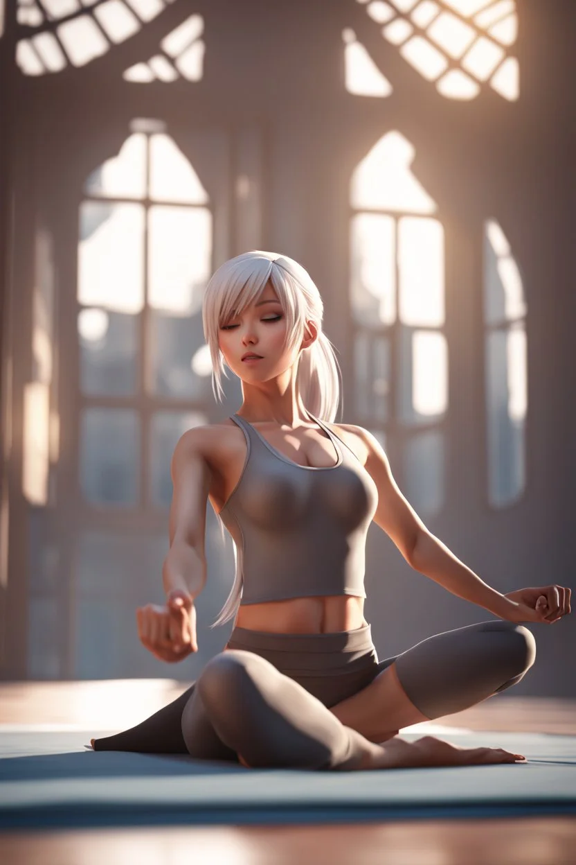 8k quality realistic image of a beautiful anime girl, doing yoga ,action, up close, 3d