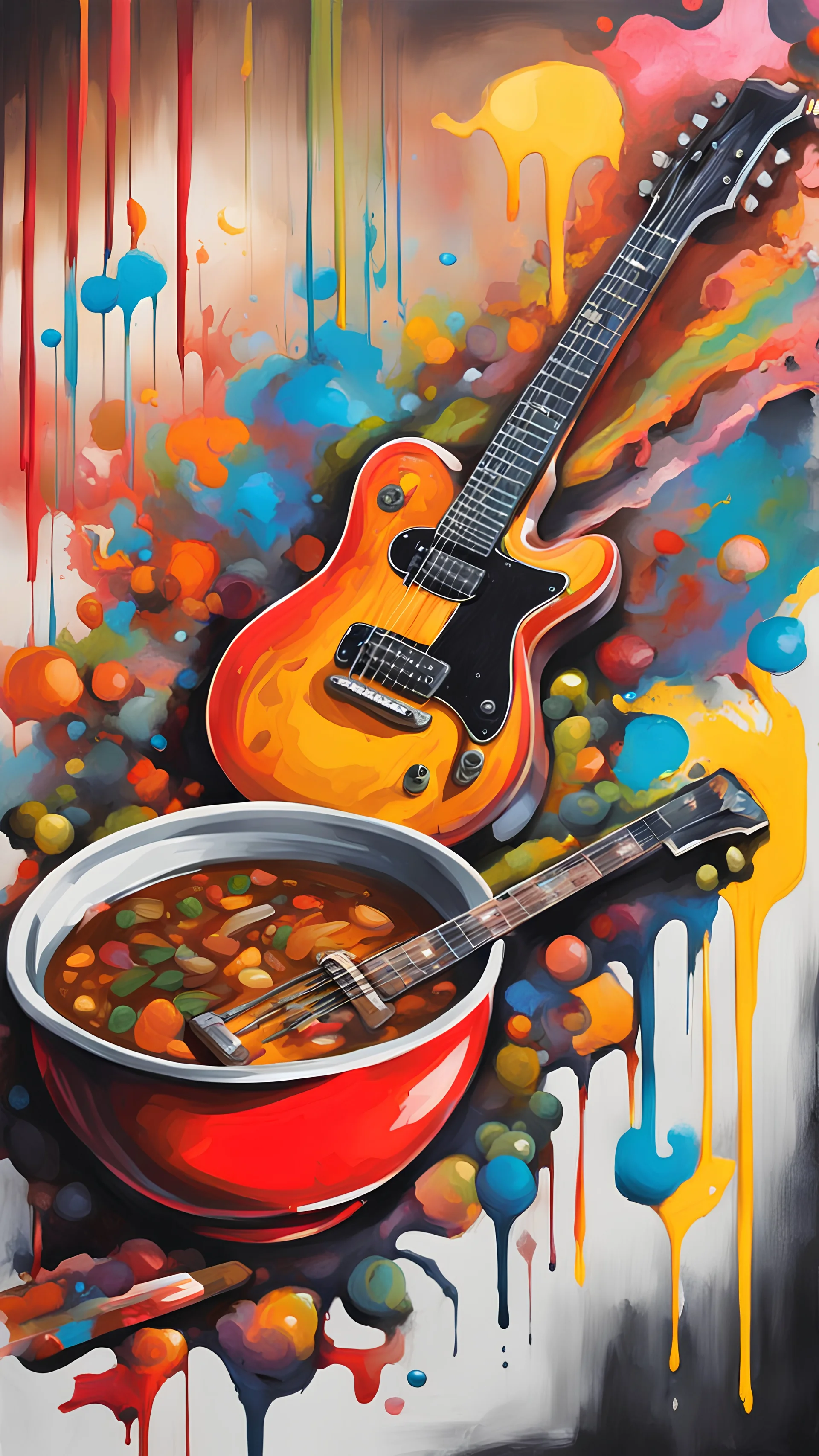 Bowl of stew with Guitar on top, graffiti art, splash art, street art, spray paint, oil gouache melting, acrylic, high contrast, colorful polychromatic, ultra detailed, ultra quality, CGSociety
