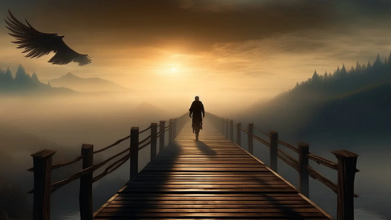 walking straight ahead over a wooden bridge, holding the angel of death with your right hand, entering the fog at the end of the road that leads to the afterlife, a stream from the mountains flows from the right and left, and a beautiful sunset behind the fog, and the kingdom of Heaven, realistic