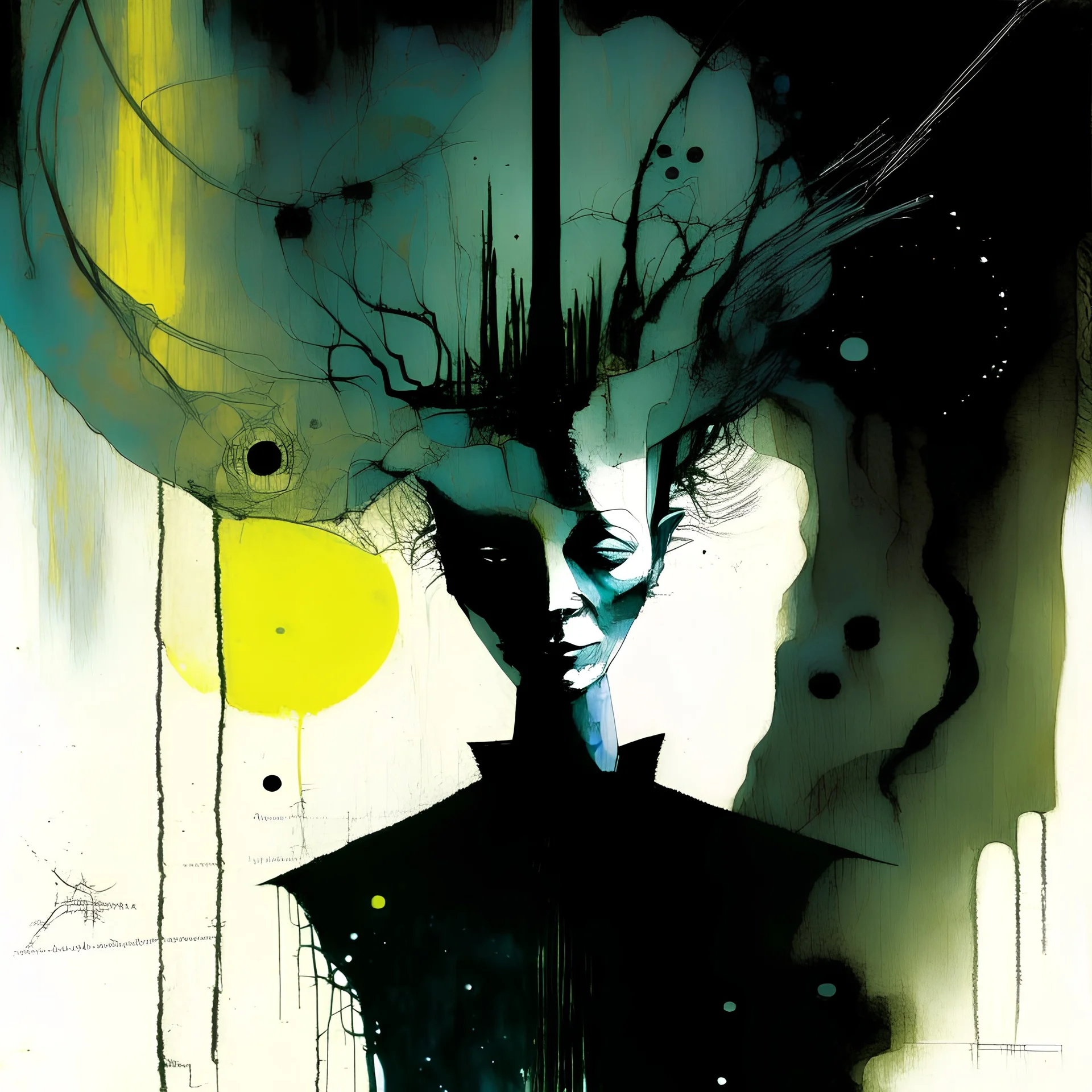 Truth Augur paradigm shift, abstract surreal horror, by Dave McKean and wes benscoter and Squeak Carnwath, ink wash mind-bending illustration; asymmetric, Uv reactive colors, dark shines, atmosphere guided by N(t)=N0​⋅e−kt