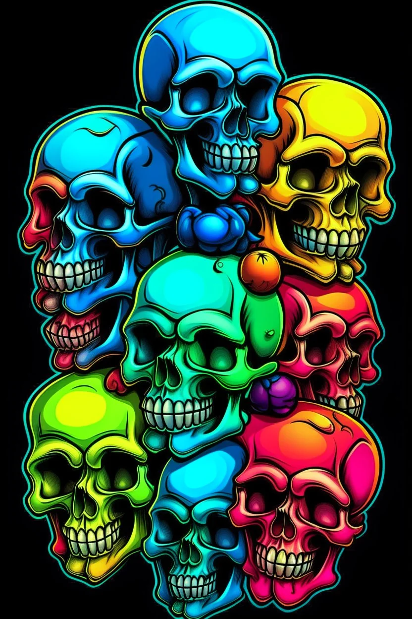 a stack of nearly anatomically correct cartoonish skulls, vivid colors, dark comedy, well lit, high detail,