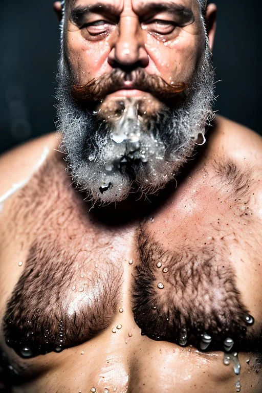 close up photography, dirty burly russian ugly strong chubby 56 years old man, bullneck, milk falling from above, splashing and dripping milk in the face, milk dripping on the beard, with dirty tank top, tattoo, serious eyes, manly chest, 35mm lens, natural light