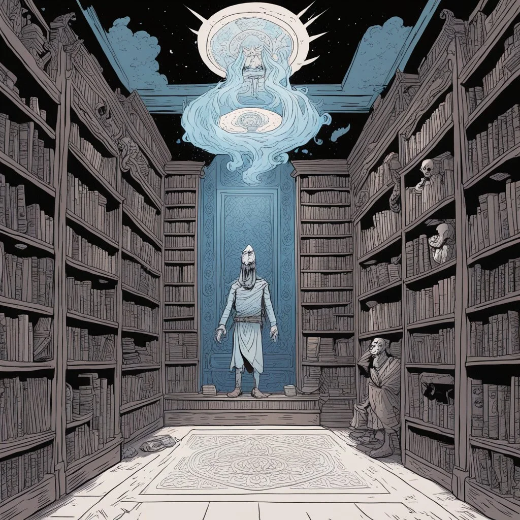 in a library [mexican comics Head Lopper style by Andrew MacLean] this ancient library and laboratory of an invisible wizard, shelves are ancient totems with sacred carvings. Surrounded by spiritual energy, the place calls upon the power of the magic to protect the spell caster.