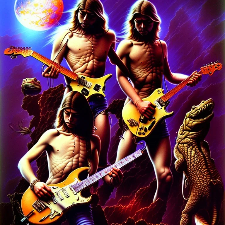 art by frank frazetta, kurt cobain plays a guitar for a crocodile, courtney love breasts, nips