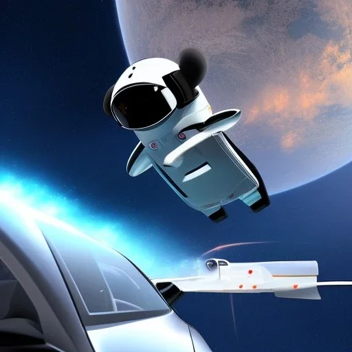 A Tesla flying in outer space with a stuffed animal in the driver’s seat