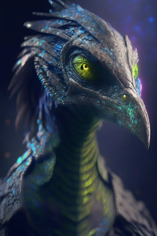 Bird lizard humanoid alien fused ,realistic, intriacte detail, sci-fi fantasy style, volumetric lighting, particales,highly detailed,cinamatic, deep colours