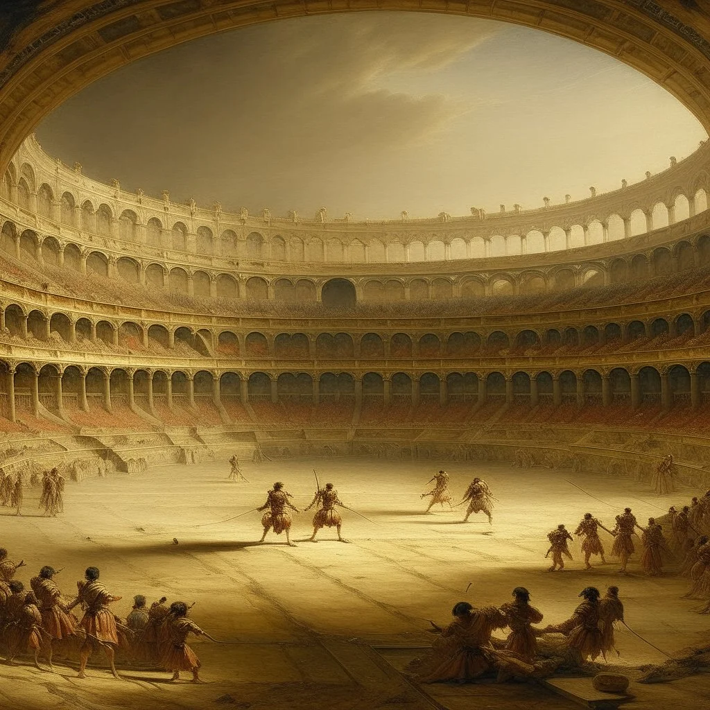 A tan coliseum with fighters painted by Francis Danby