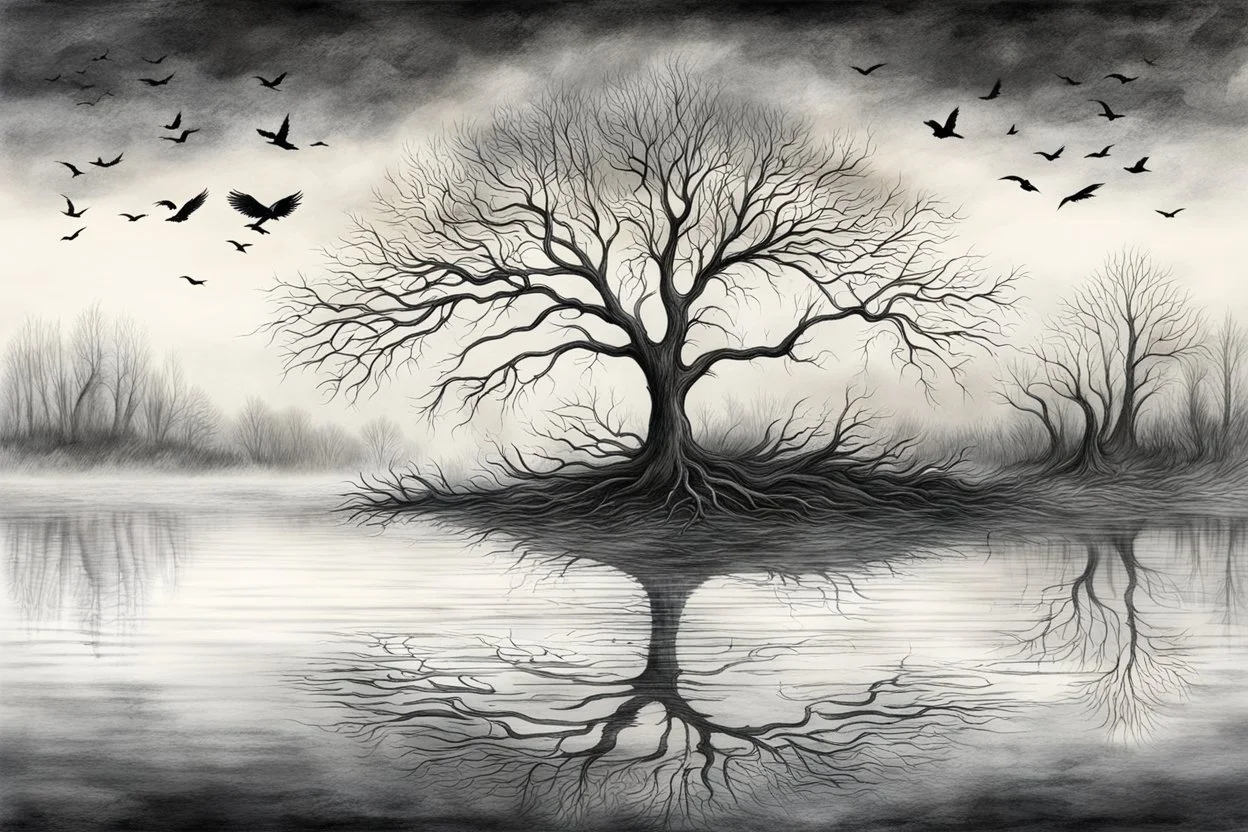 Illustration of a lonely dark tree with barren branches stands on a water's edge, reflected in the water, fog, crows in the sky, timelessness and dying, mystical landscape, pencil drawing