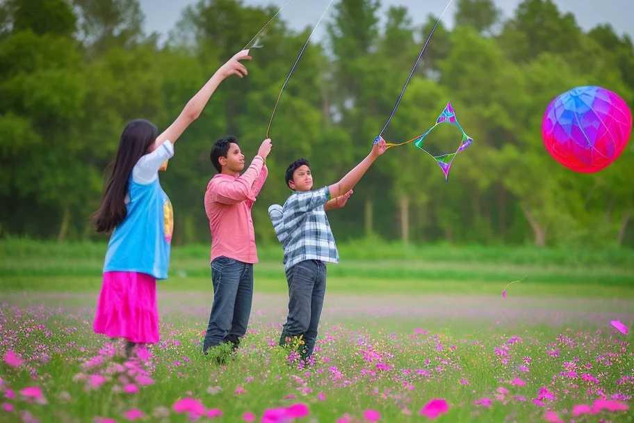 a father, a girl and a boy with a kite flying in the sky on the green field with flowers in sunshine