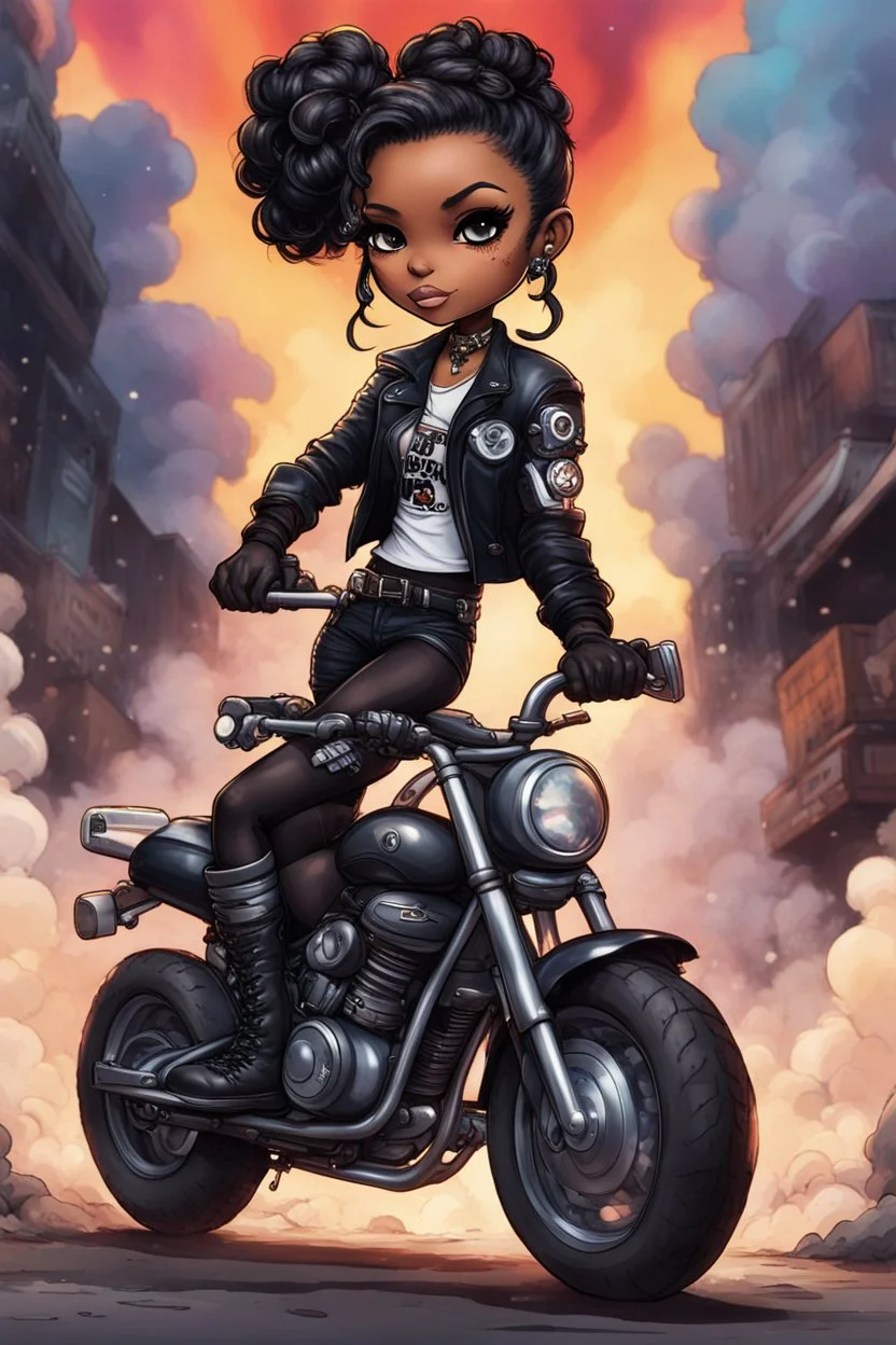 Create a urban art illustration of a chibi cartoon full figure black female riding a sports motorcycle. She is wearing tie dye and black tights with biker boots. Prominent make up with log lashes and hazel eyes. Extremely highly detailed black shiny wavy hair up in a messy bun. Background of smoke surrounding her and the bike and she's at a bike show.