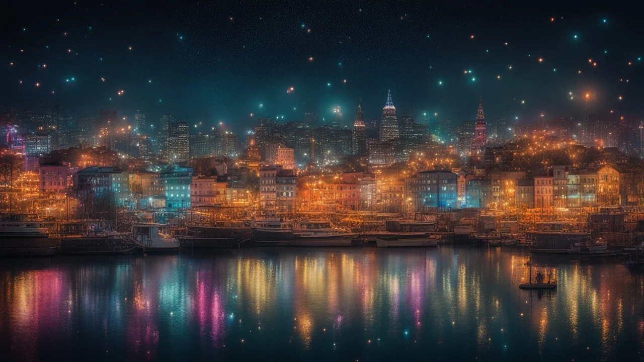 dream world, city harbour, fireflies, tiny multicoloured twinkling lights, calm beauty, fantasy world, magic, night, darkness, splendor, uplifting, inspiring, therapeutic, chiaroscuro, color, award-winning colour photograph, beautiful composition, Nikon 35mm