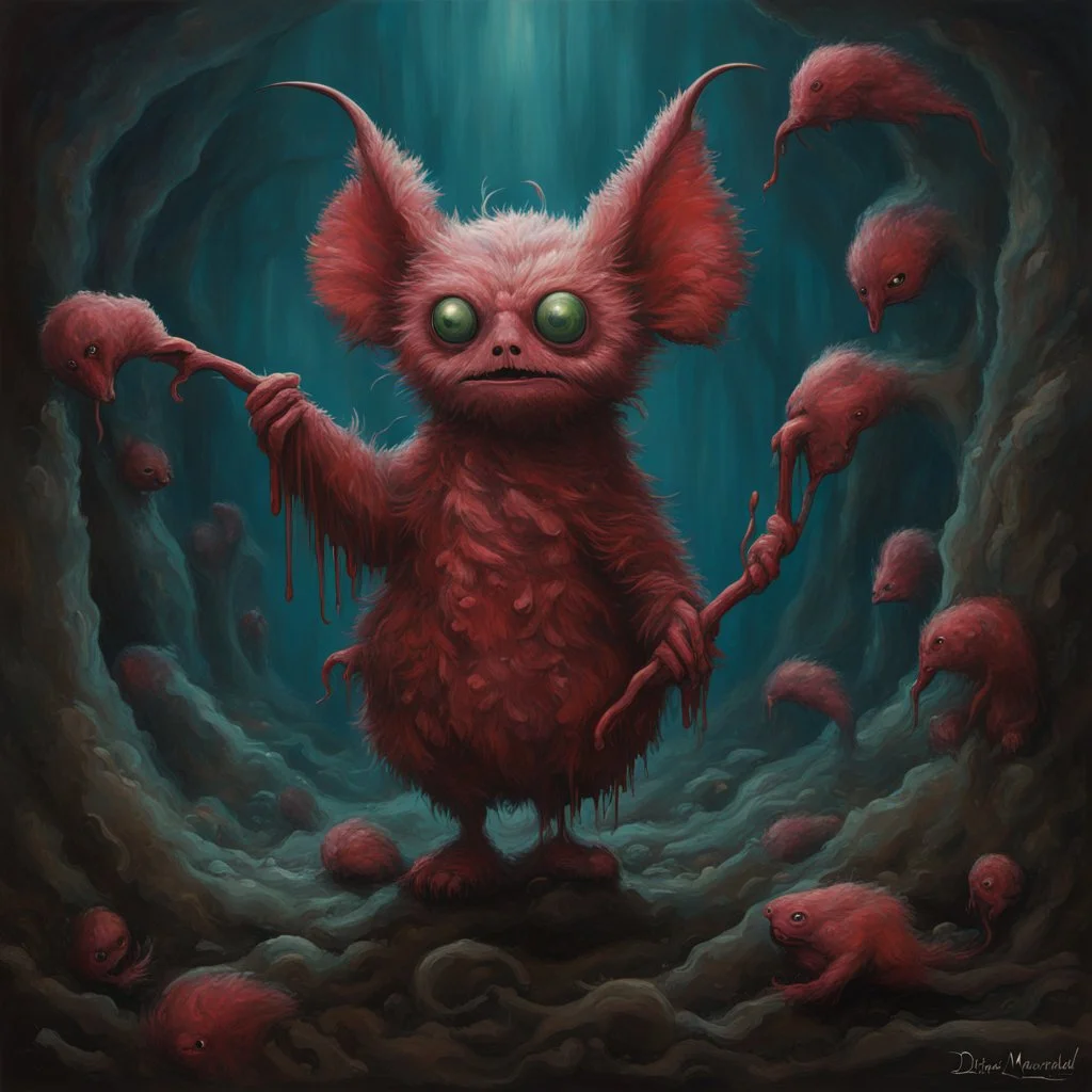 Dream of a cute fuzzy creature with a murderous past, by Didier Mazunu, by Dave Kendall, surrealism, bleeding matte oil paint.