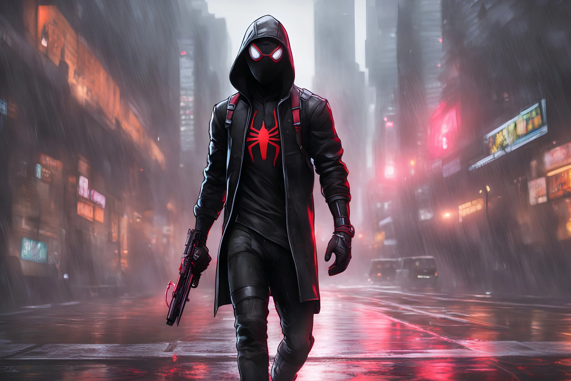 Miles morales in 8k nier automata drawing style, venom them, no reflect color, cinematic mood, neon effect, close picture, rain, highly detailed, high details, detailed portrait, masterpiece,ultra detailed, ultra quality