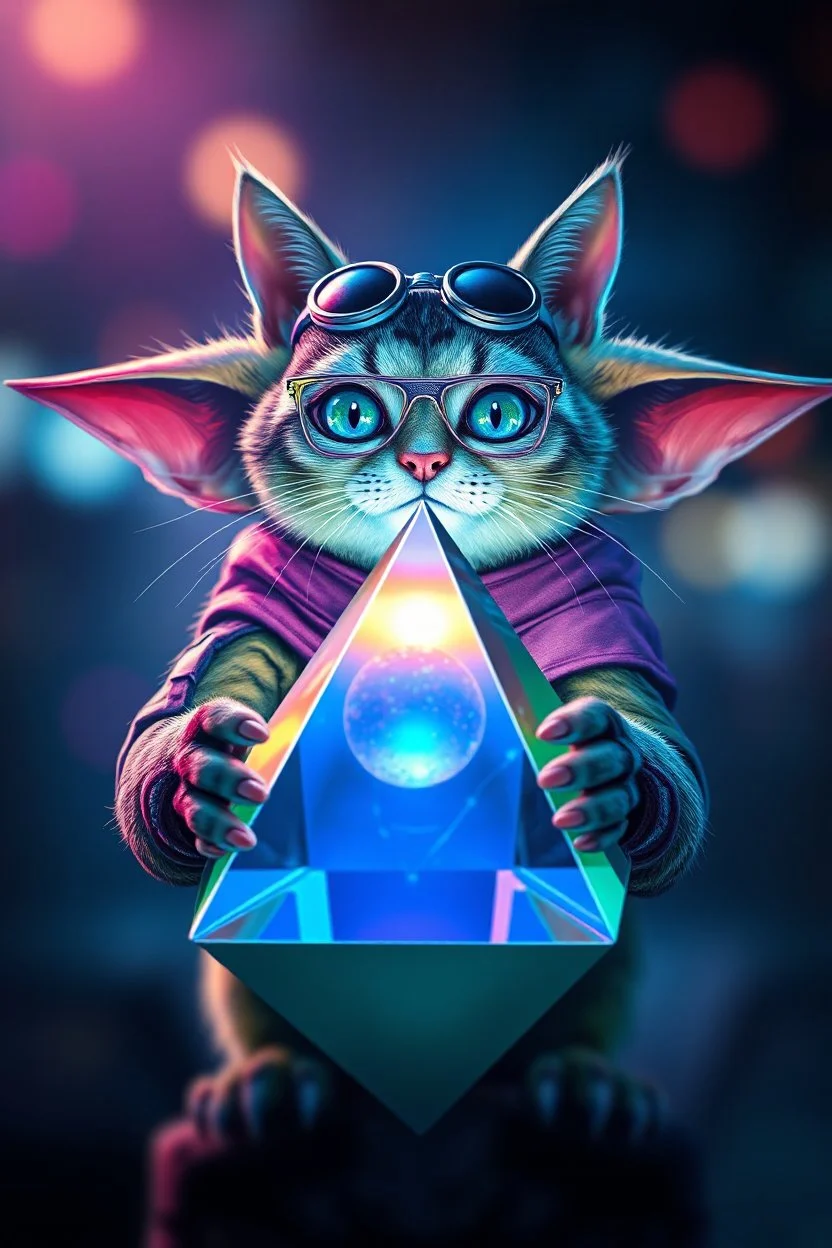 airbrush with pen outline, gremlin cat pimp holding a big reflective prismatic pyramid with orb containing plasma in the style of the Tron movies, bokeh like f/0.8, tilt-shift lens 8k, high detail, smooth render, down-light, unreal engine, prize winning