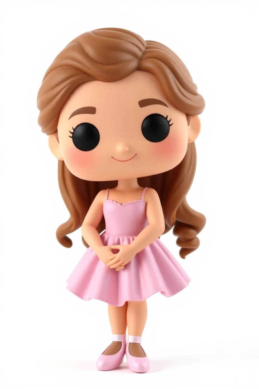 Funko figure of a very young female, smiling, long wavy light brown hair, wearing a ballerina dress, pink dress, ballet, very cute, ballet pose,. typography, 3D render. White background