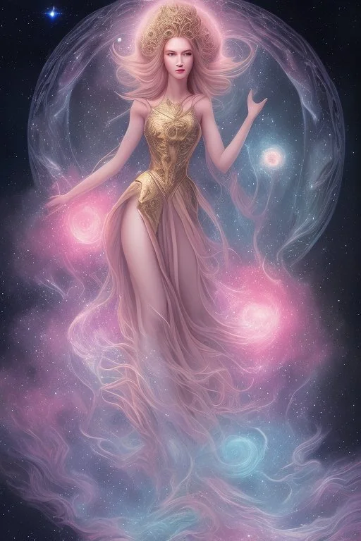 Create an image of a full body cosmic Goddess. The goddess should be depicted as a beautiful and powerful figure, surrounded by cosmic stars. Her hair should be long, blond and flowing, and she should be dressed in a flowing gown blue celestial robe. In the background, include imagery of pink flowers, blue sky,trees. The image should evoke a sense of joy, celebration, and spiritual connection to nature.