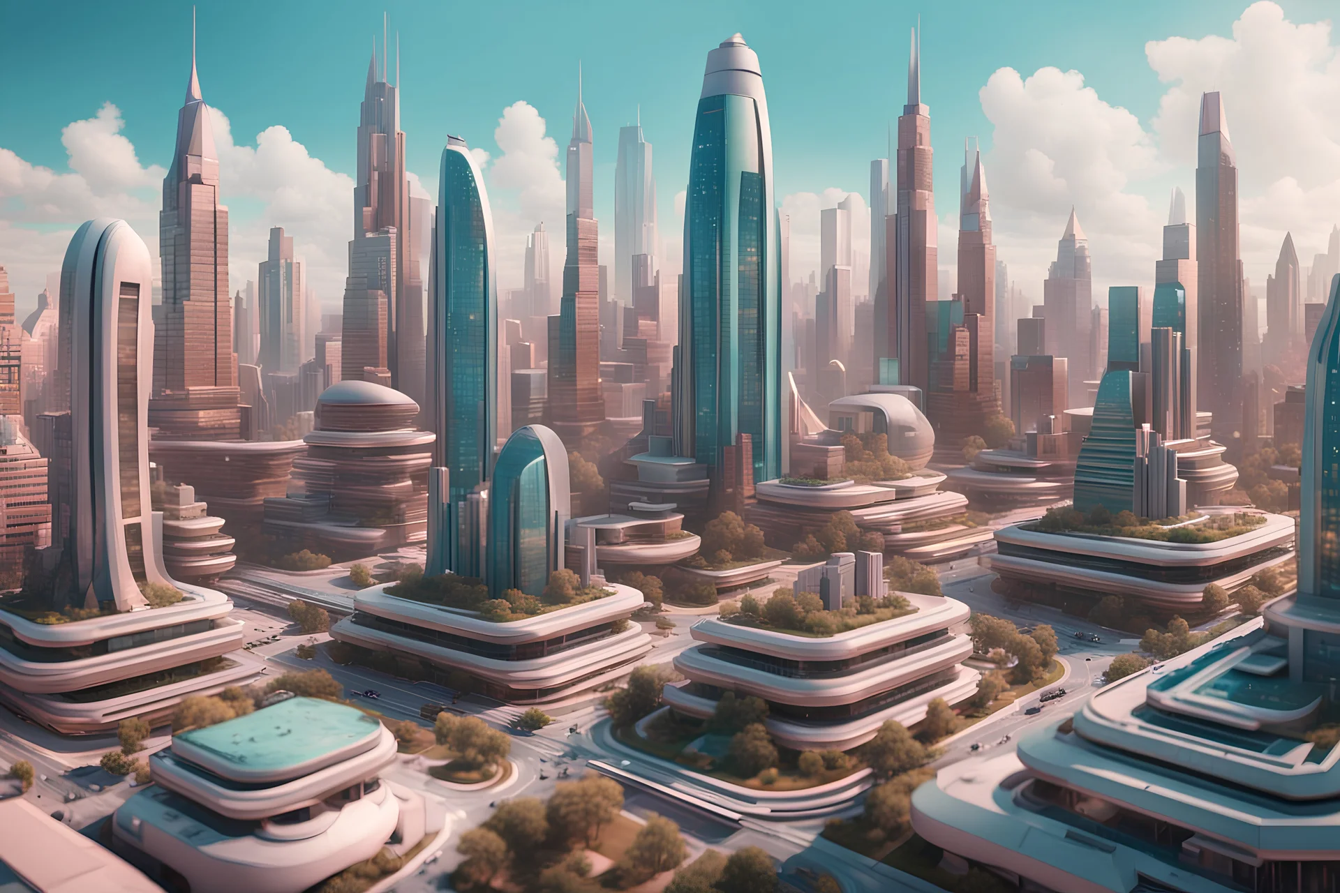 photorealistic view of a futuristic city in the style of wes anderson, 8k, finecraft
