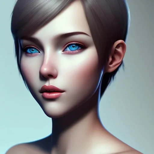 potrait girl look beautiful, close-up, dramatic, eyes like ocean blue, short hair, smile, 8k, rtx, eyebrows like serious, facing left, real, cute, hyper realistis