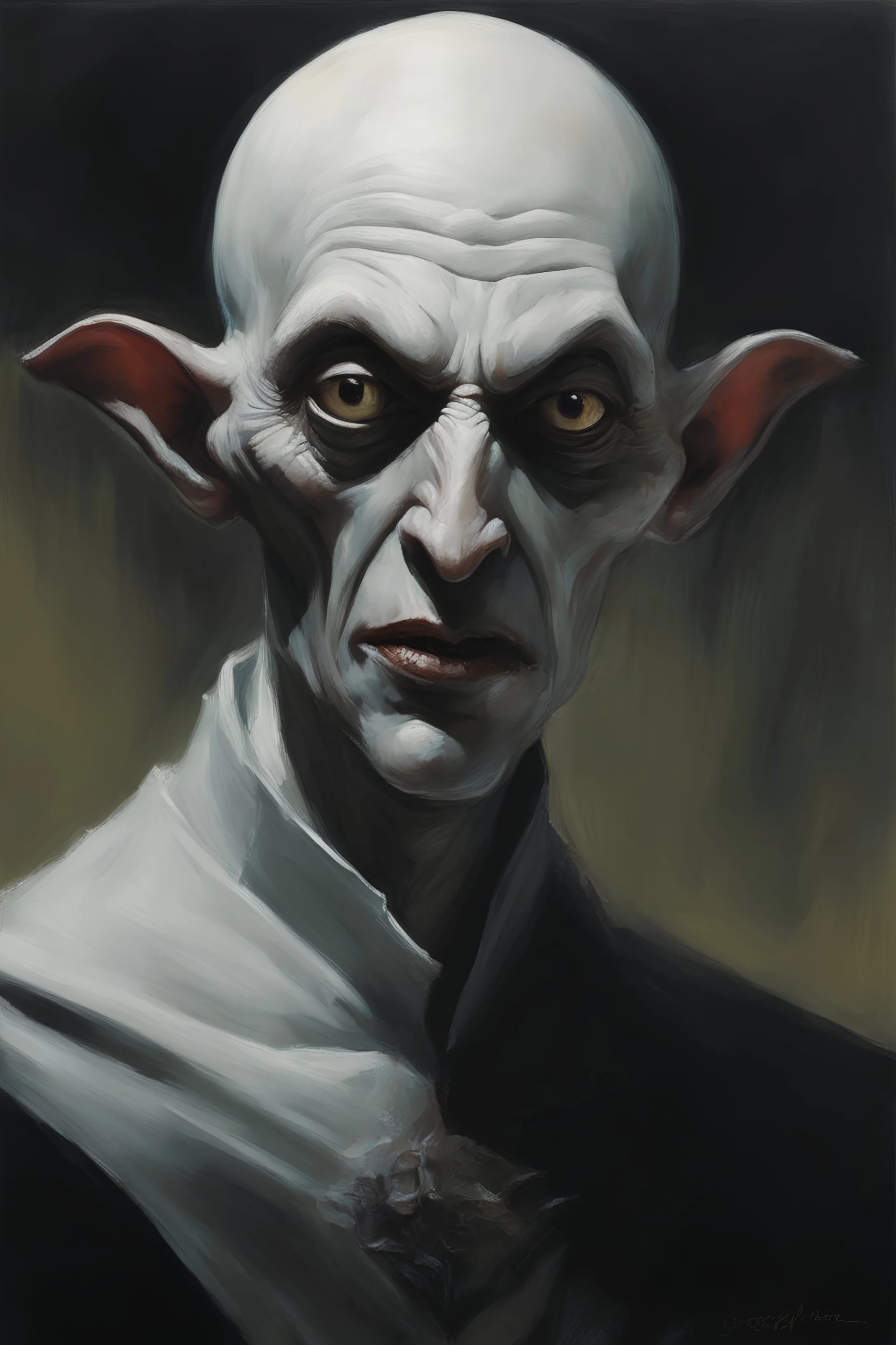 a closeup facial portrait of Nosferatu - extreme action pose - oil painting by Gerald Brom