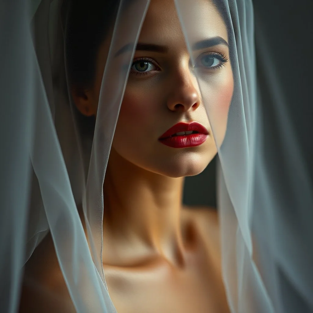 Award-winning fine art portrait photography of an elegant woman partially veiled by translucent fabric, soft Rembrandt lighting, emotional depth, painterly aesthetics inspired by classical art, exquisite skin tones, captured with a professional medium format camera, international salon winner, ultra realistic, masterpiece, 64 k