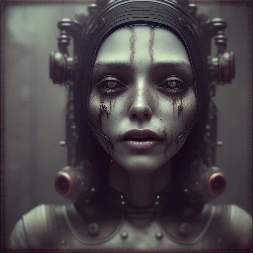 a cute smiling girl with her mother, red tattoo in the face, steam punk, scary, horror, realistic, made in octane, cinematic, movie, CGI, ultra-realistic, extremely detailed octane rendering, 8K, VRAY Super Real ar 2:3, dof photorealistic futuristic 50mm lens hard lighting dark gray tintype photograph, realistic lighting, sephia colors