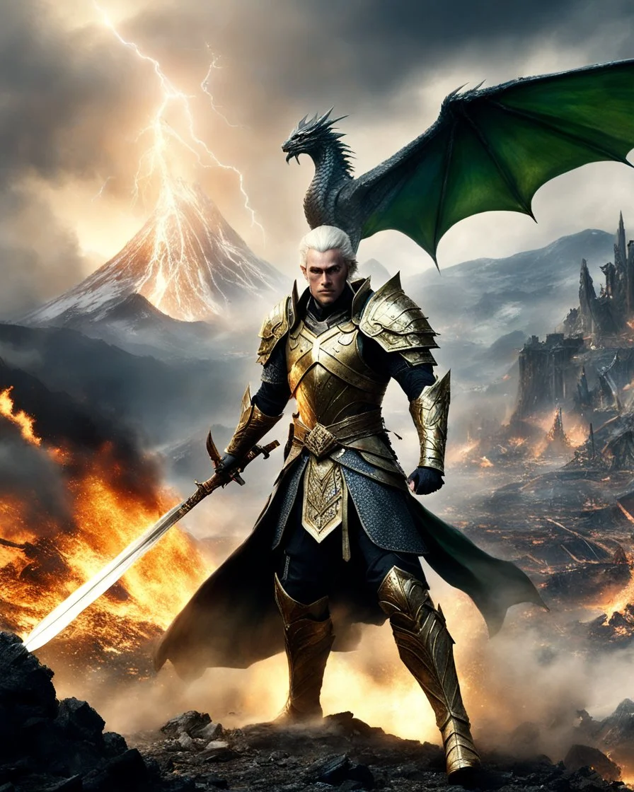 A length photography realistic details, of battlefield the Handsome King Guardian Elven,wearing dress luxurious steel armor decorative golden,running action hold sword as leader,he on bring and leading armys groups following from back side ,big mountain eruption blow fire background with epic lightning bolts in the sky and a dragon flying in the sky and some ruins in the foreground