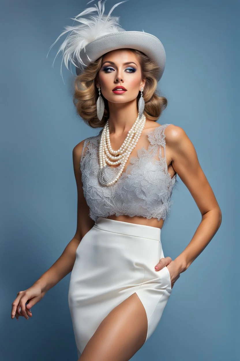 full body beautiful girl, elegant silver,lace clothes of the 80s, luxury style, small elegant hat with feather, hair of the 80s, pearl necklace, earrings masterful, beautiful face,blue backdrop