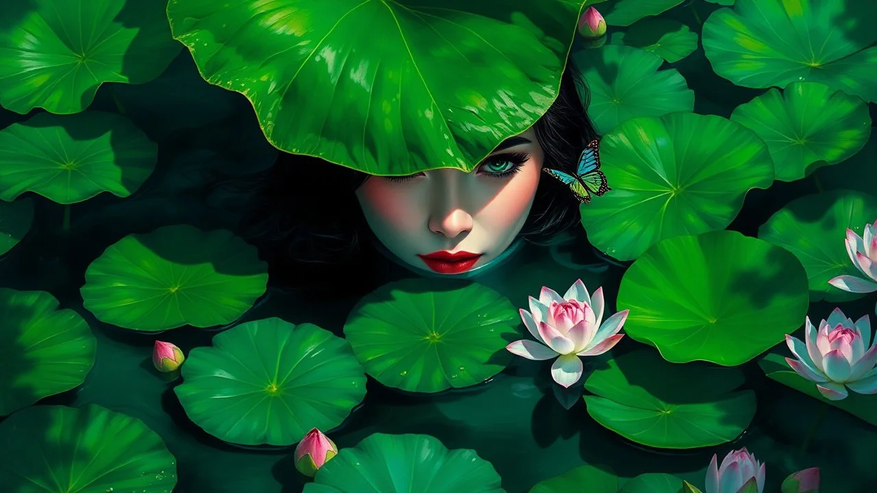 A woman emerges from a tranquil pond, her face partially concealed by a large, dew-kissed lotus leaf. She is surrounded by a lush expanse of vibrant green lily pads and delicate pink lotus blossoms. The water is a deep, mysterious emerald, reflecting the dappled sunlight that filters through the dense foliage. A solitary butterfly flits near her, adding a touch of delicate movement to the scene. The overall atmosphere is one of serene mystery and natural beauty, rendered in a rich, painterly sty