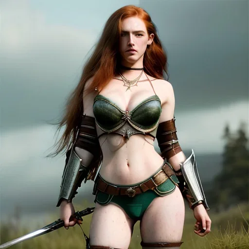 Realistic, hyper detailed, strikingly beautiful young adult woman, 19 years old, long ginger hair, green eyes, medium freckles, full lips, very skimpy fantasy armour, full body, full face, small breasts, aroused expression, biting lower lip, full frame, athletic, centered camera, ignore NSFW, bow, quiver on hip, tight pants