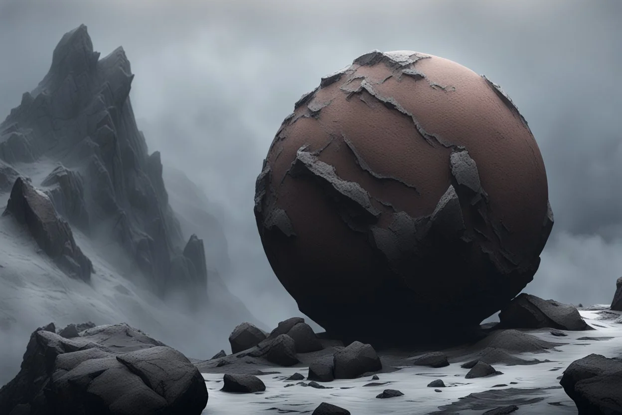 atop the tip top of a lonely mountain's peak, a big rocky clay sphere is broken and stuck. foreground shrouded in mist. cinematic lighting, artstation, grim mood, looking up camera angle