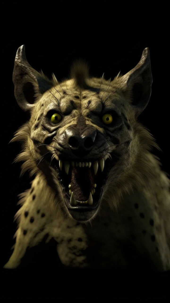 Crafting a terrifying 8K depiction of an evil hyena face with hands up , His presence exudes an unsettling aura of malevolence, instilling fear in all who behold him.