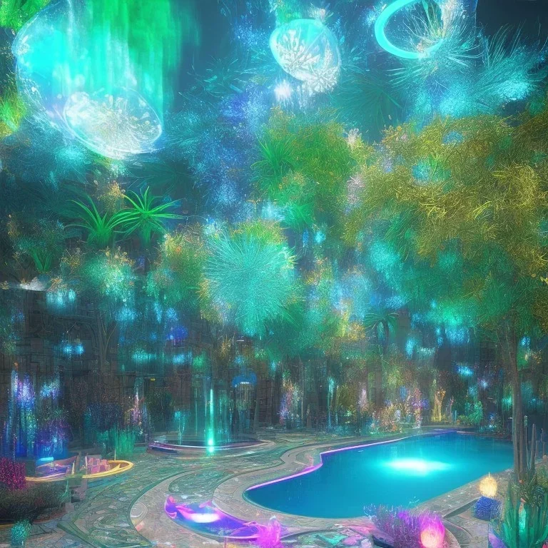 turquoise neon pool water sparkling at night in the dark detailed realistic glowing