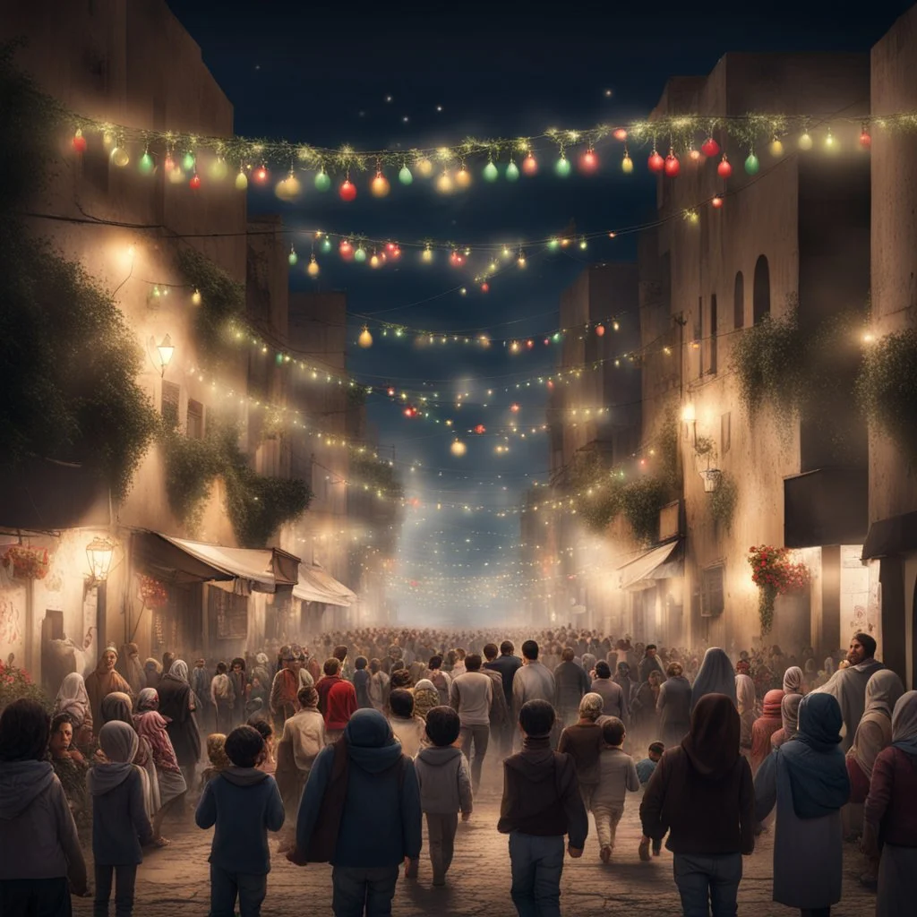 Hyper Realistic lots of people & children celebrating in the streets of Palestine at night with garland lights & decorations