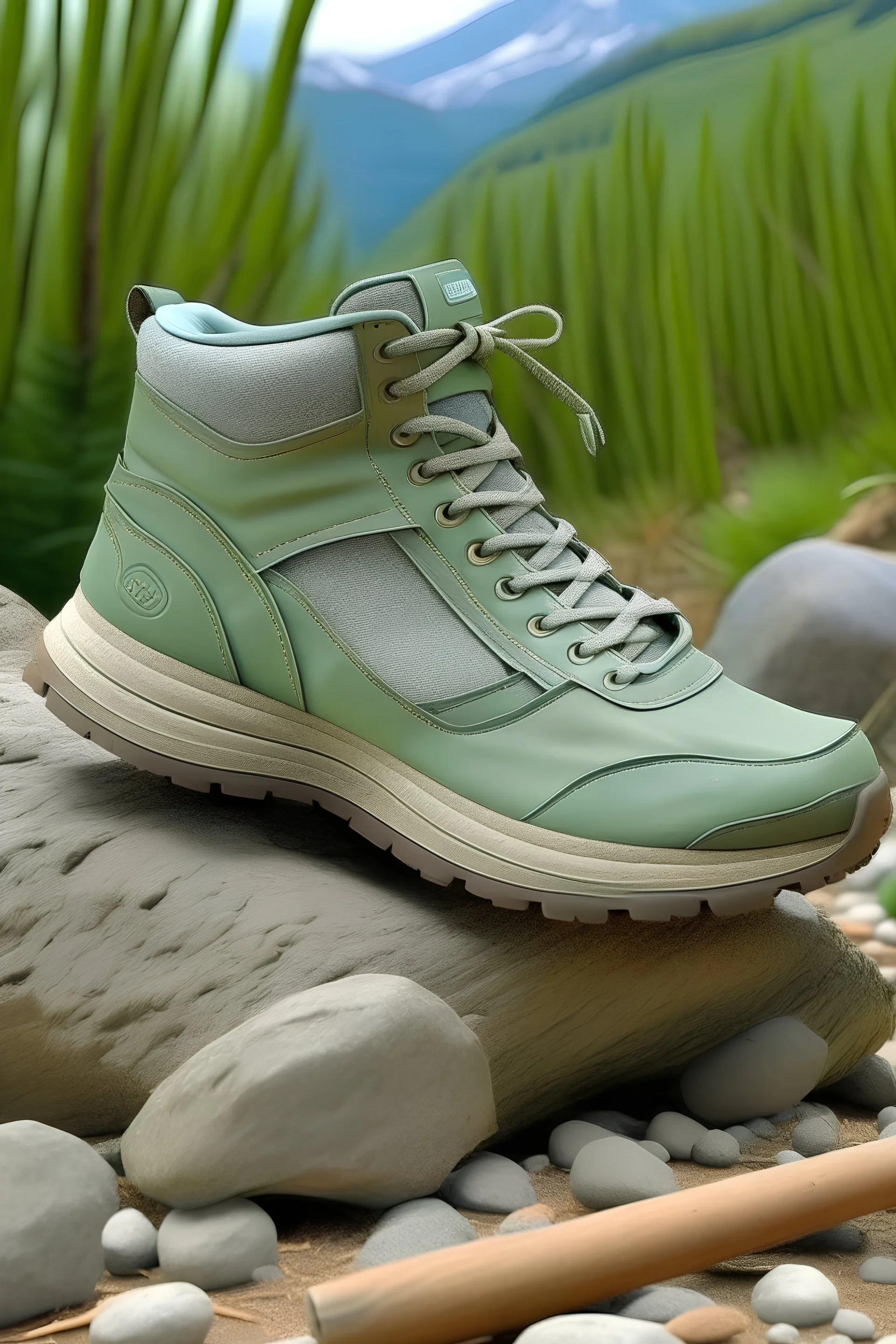 create a hiking shoe for a fake eco-friendly brand with light sage green soles