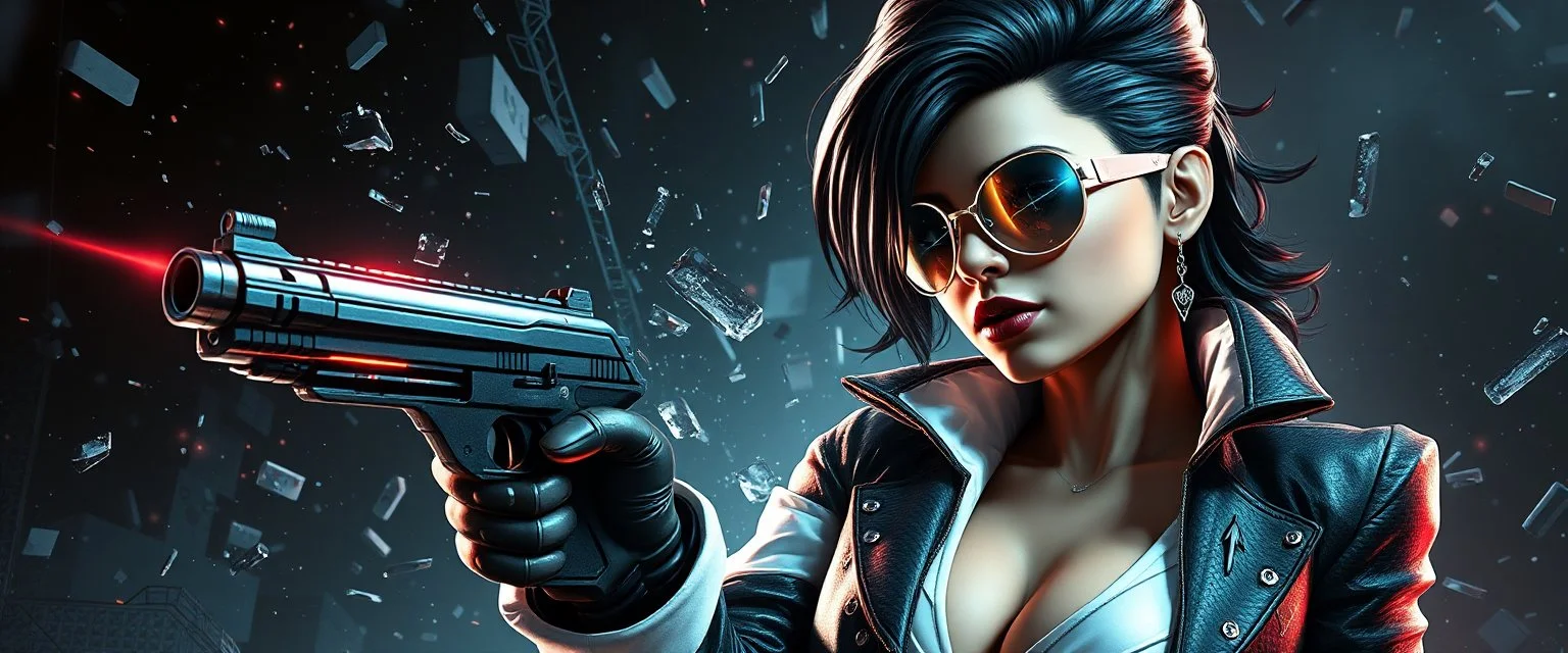 airbrush 3d rendering, mafia cyberpunk stylish lady dr smick Vex is now officially in stasis. No experiments. No clones. No accidental galaxy-ending breakthroughs. sci fi guns and rays, shattering glass background, flying debris