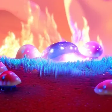 MUSHROOM lANDSCAPE BURNING IN BLUE FLAMES