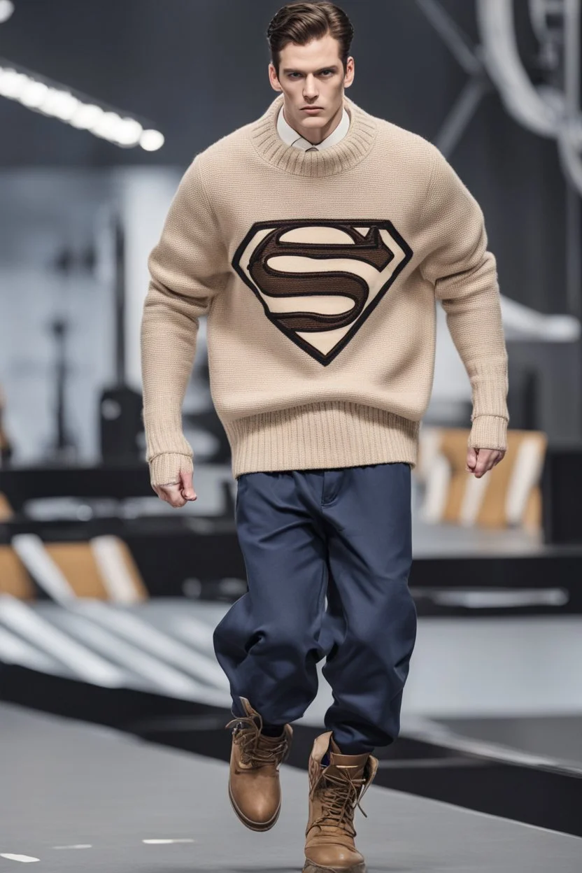 a men winter fashion runway Superman with industrial clothes inspired by Superman Emblem style, embroidery sweaters fashion beige tones