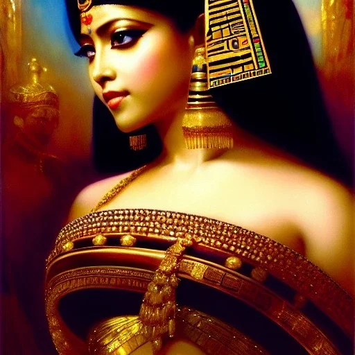 Drawing of beautiful face,busty 'cleopatra',throne,hieroglyphics,balanciaga fashion clothe painting by gaston bussiere, greg rutkowski, yoji shinkawa, yoshitaka amano, tsutomu nihei, donato giancola, tim hildebrandt, oil on canvas, cinematic composition, extreme detail,fit full head inside picture,16k