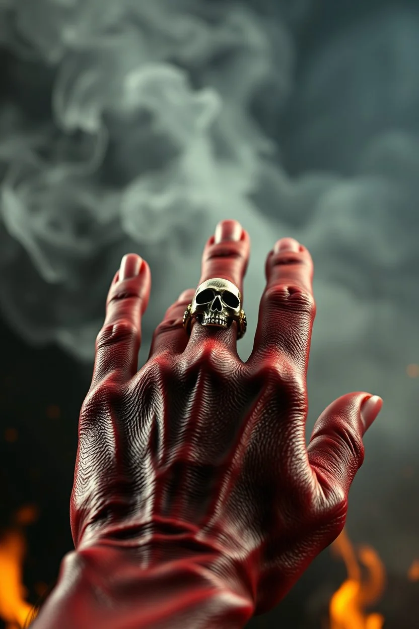 A zoom in palm hand with a ring in the index finger on it a skull, red skin, smoke in the background , scales, unreal engine 6, high detail, intricate, cinematic. photoshoot style, intricate, studio lighting, masterpiece , highly detailed, 8k, best quality, fire, smoke, dramatic,d,<lora:mshn:0.7>,<lyco:Warrior_Couture:0.5>,