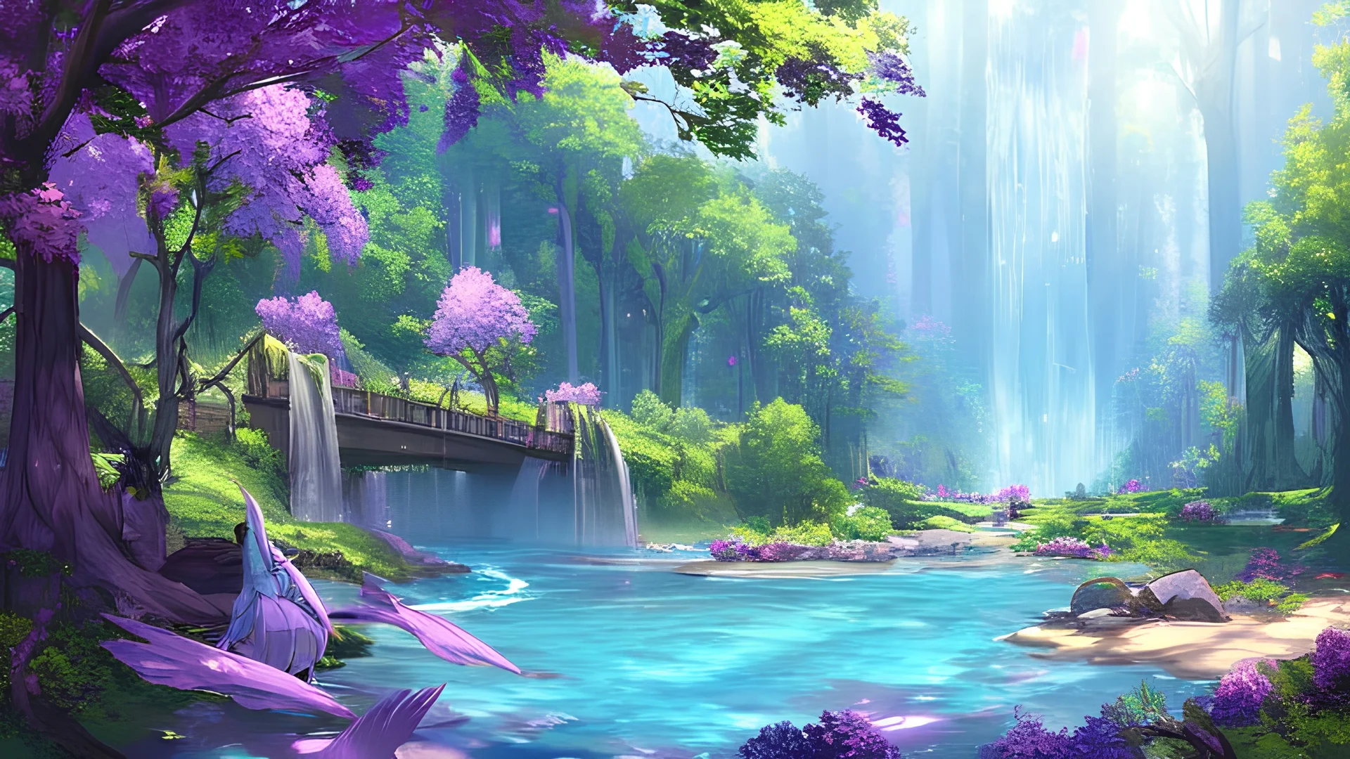 a beautiful scene of a forest in the distance with very purple trees and a blue shimmering river going down the forest the sky is an orangey pink