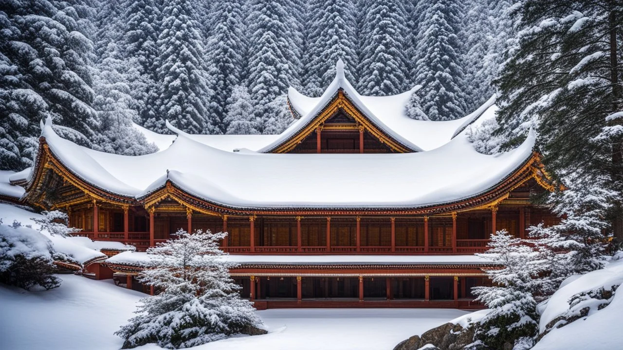 2055, rule of thirds, delightful, sensitive, confident, undulating sinusoidal monastery with pointed hyperbolic roofs, forest, delicate, thick snow, symmetrical, exquisite architecture, innovative design, perfect symmetry, award-winning photograph, beautiful composition, filled with beautiful detail, delicate colour, chiaroscuro